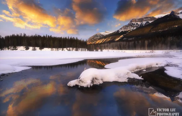 Картинка зима, лес, снег, закат, горы, природа, озеро