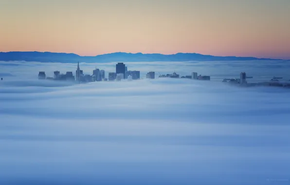 Картинка туман, рассвет, здания, утро, Калифорния, верхушки, Саусалито