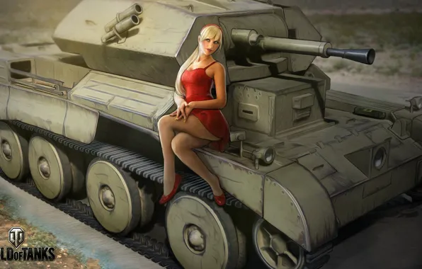 Девушка, рисунок, платье, арт, блондинка, танк, в красном, британский