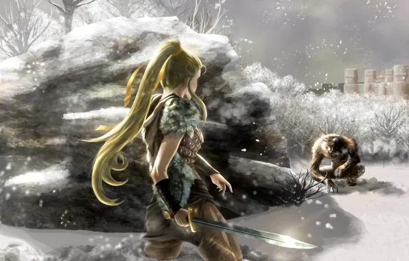 Картинка девушка, снег, замок, камень, монстр, меч, арт, оборотень