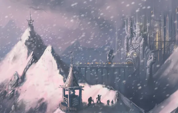 Картинка снег, горы, мост, лицо, город, огни, люди, рот
