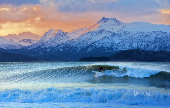 Картинка море, волны, небо, горы, Аляска, серфинг, США, экстрим