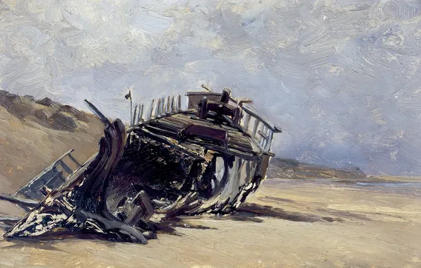 Картинка пейзаж, берег, картина, Карлос де Хаэс, Обломки Корабля