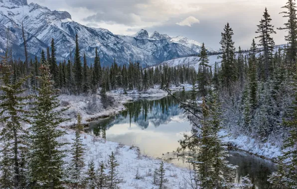 Зима, лес, деревья, горы, озеро, Канада, Альберта, Alberta