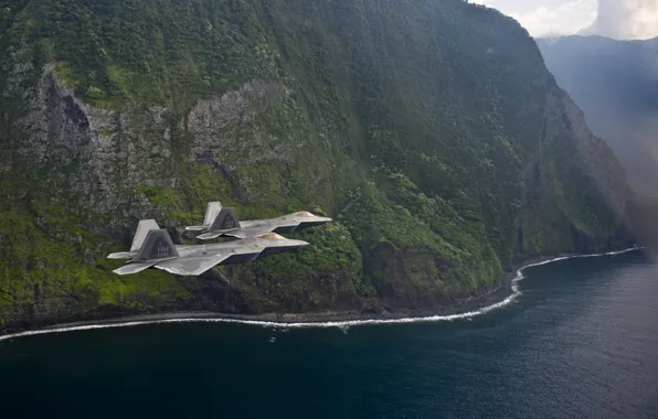 Картинка полет, берег, истребители, F-22, Raptor