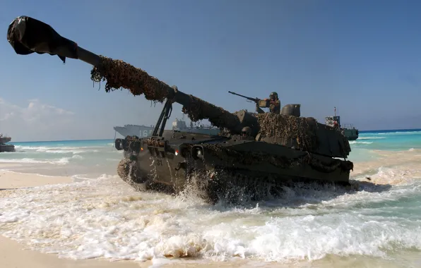 Картинка оружие, океан, обои, солдат, танк, ствол, wallpaper, пушка
