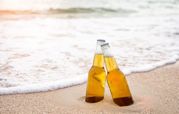 Песок, море, волны, пляж, лето, небо, отдых, бутылка