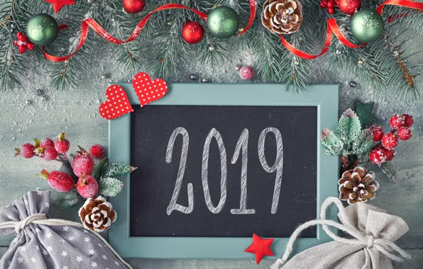Картинка фон, праздник, надпись, шары, Новый год, шишки, декор, 2019