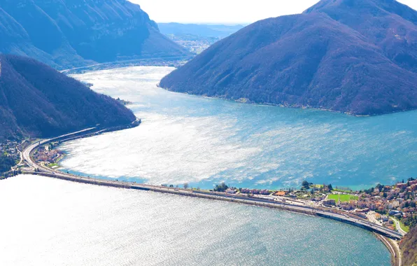 Картинка дорога, горы, озеро, Швейцария, переезд, Lugano