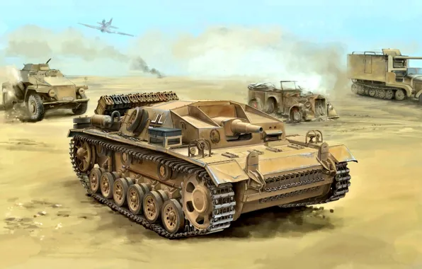 Картинка бронеавтомобиль, StuG III, автомашина, Северная Африка, WWII, Deutsches Afrikakorps