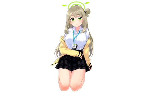 Girl, school uniform, green eyes, long hair, legs, anime, beautiful, pretty