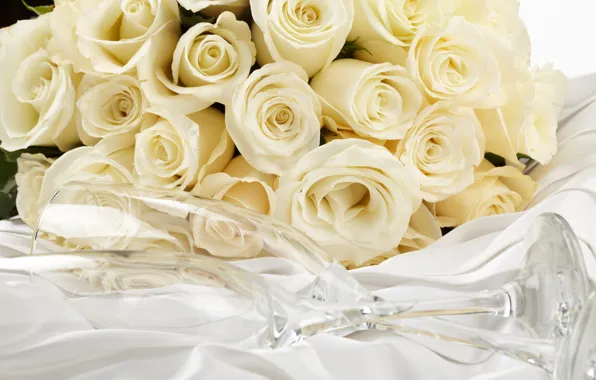 Букет, бокалы, white, белые розы, flowers, roses