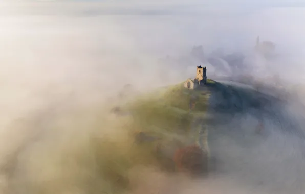 Туман, Англия, холм, руины, Сомерсет, Burrow Mump, Церковь Святого Михаила, Берроубридж