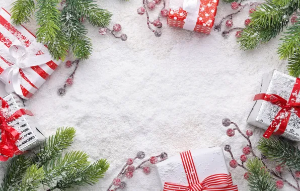 Картинка снег, ветки, ягоды, Новый Год, Рождество, подарки, christmas, wood