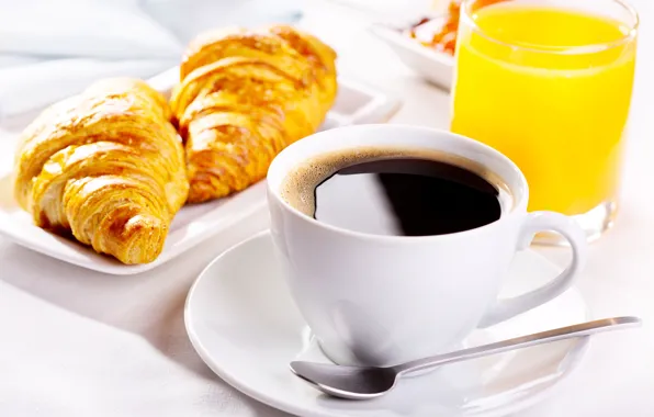 Кофе, сок, чашка, juice, coffee, круассаны
