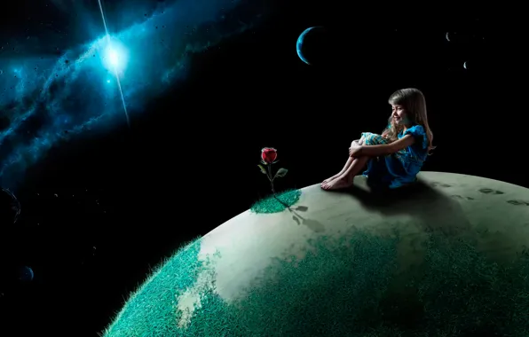 Картинка космос, роза, планета, девочка, ребёнок