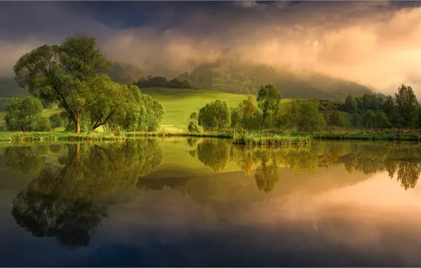 Картинка небо, вода, горы, природа, озеро, рассвет, Friedrich Beren
