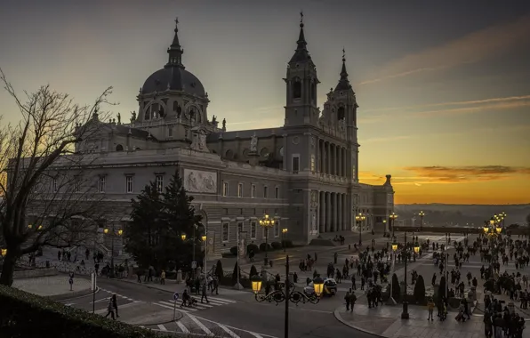 Город, вечер, Испания, Madrid, Мадрид, Catedral de la Almudena
