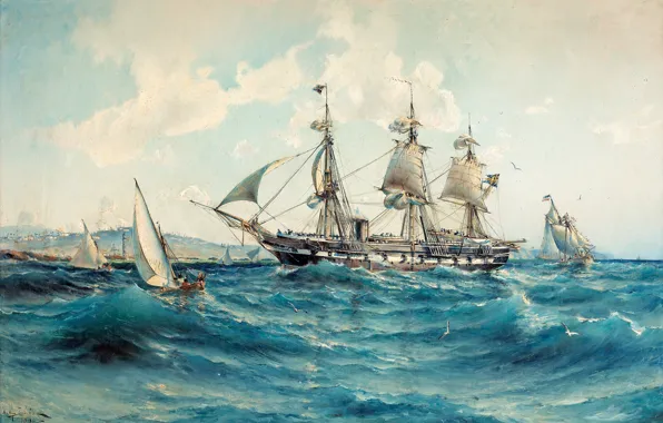 Море, корабль, Шторм, гавань, Herman Gustav Sillen, Реализм