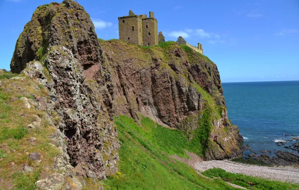 Море, скала, замок, побережье, Англия, Dunnottar Castle