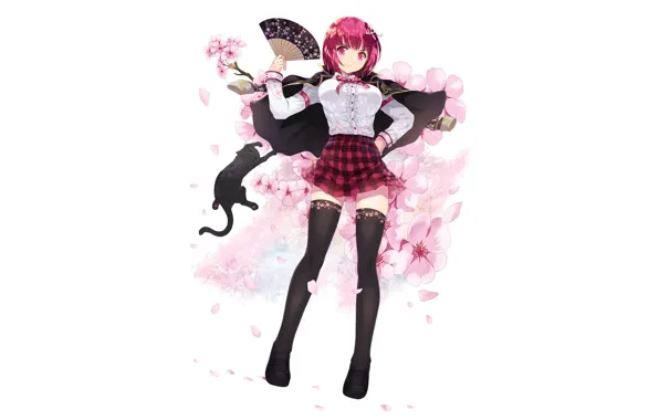 Картинка белый, кот, девушка, цветы, фон, веер, anime, art