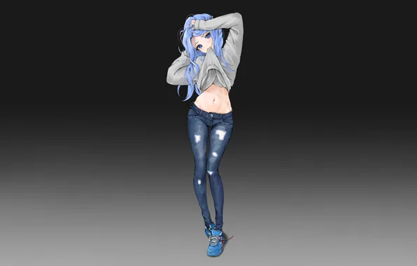 Girl, sexy, long hair, anime, blue eyes, beautiful, pretty, jeans