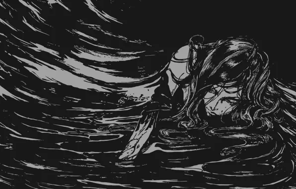 Картинка одиночество, отчаяние, вампир, боль, черные волосы, Castlevania, art Ayami Kojima, лужа крови