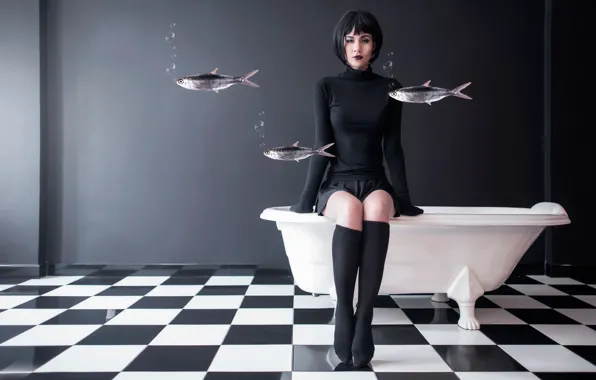 Картинка девушка, рыбы, ванна