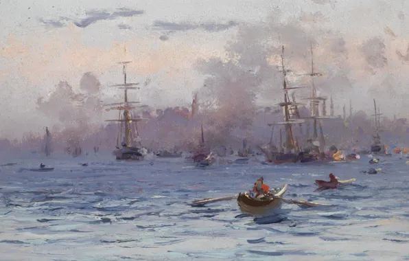 Картинка пейзаж, пролив, лодка, корабль, картина, Fausto Zonaro, Фаусто Зонаро, Мыс Серальо. Стамбул