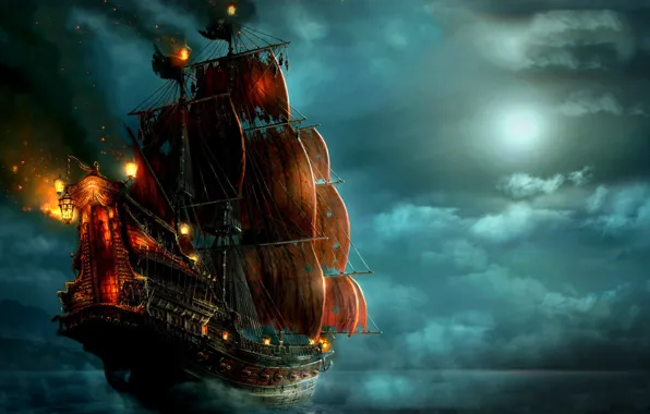 Картинка море, облака, ночь, огни, луна, корабль, пираты