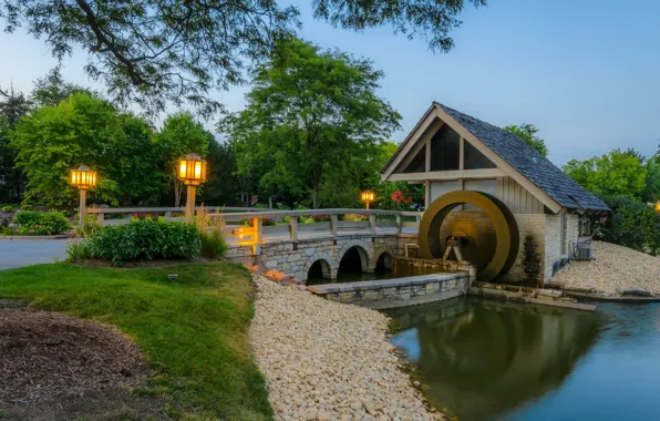 Пейзаж, мост, река, мельница