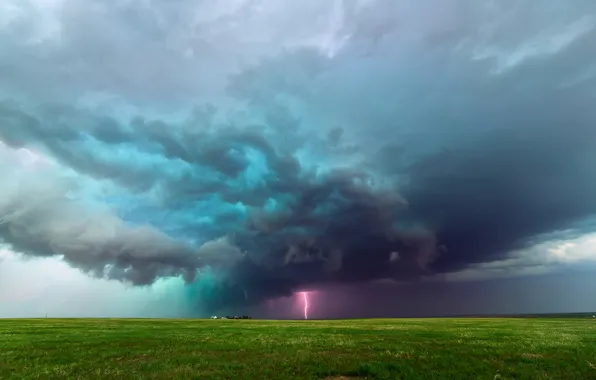 Тучи, шторм, молния, поля, Колорадо, США, ферма, равнины