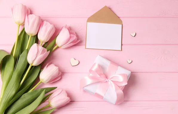 Цветы, подарок, букет, тюльпаны, розовые, wood, pink, flowers