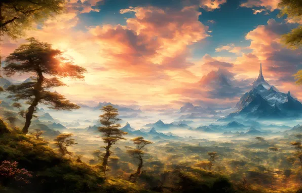Tower, landscape, art, digital art, fantasy art, mount, mounts, dale