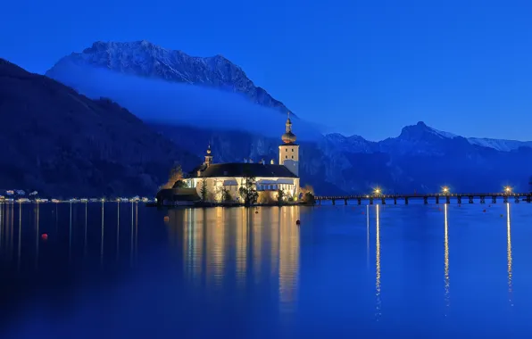 Картинка небо, горы, ночь, природа, город, Австрия, Альпы, дымка