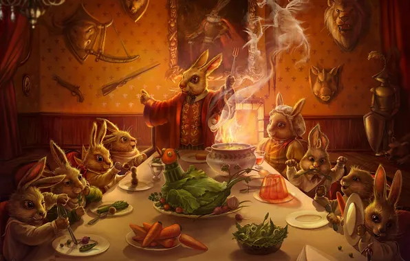 Стол, еда, семья, арт, кролики, трофеи, ужин