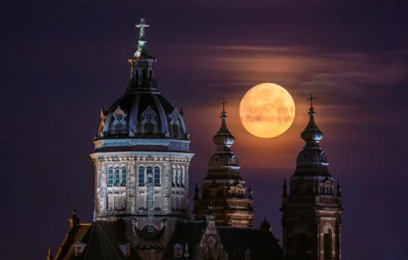 Картинка ночь, луна, Амстердам, церковь, Нидерланды, купол, Amsterdam, Netherlands