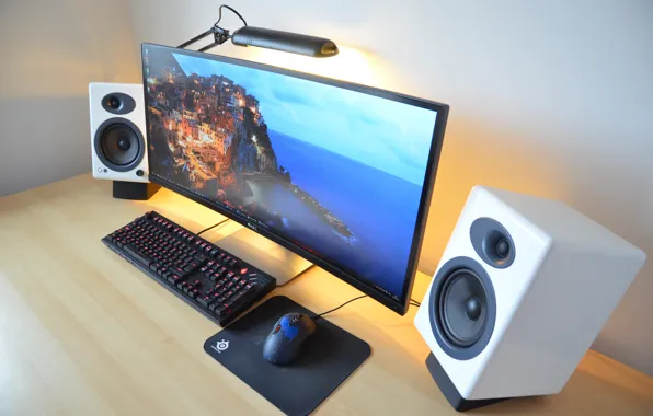 Mouse, keyboard, elegant pedestal, Desktop pc, curved monitor