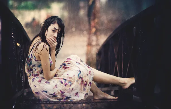 Глаза, мост, дождь, волосы, платье, rain, dress, bridge