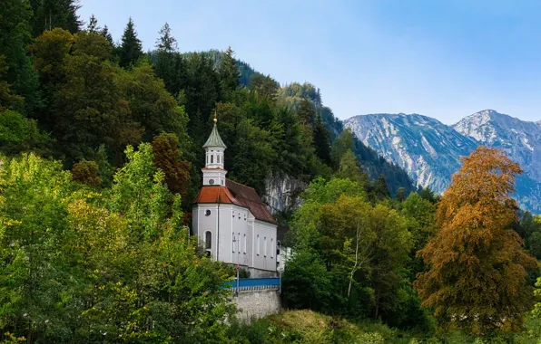 Картинка пейзаж, горы, город, Германия, Бавария, церковь, леса, Фюссен