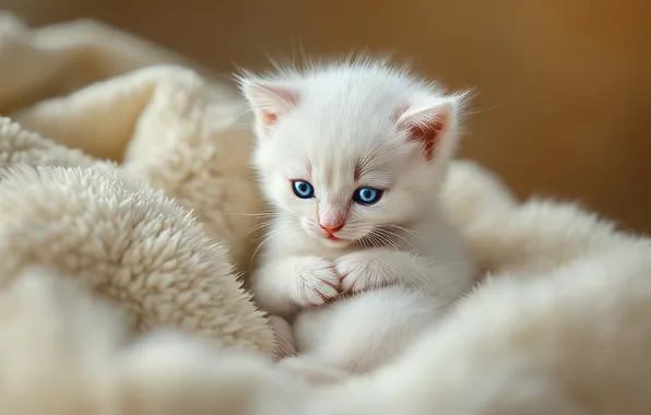 Кошка, белый, взгляд, поза, котенок, мех, мордашка, ИИ-арт