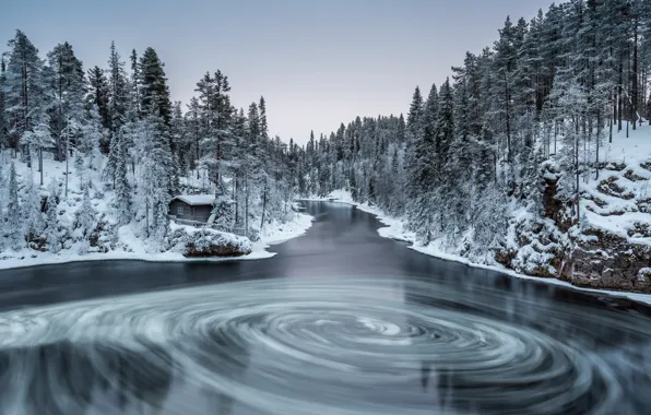 Зима, лес, природа, река, finland, kuusamo, myllykoski