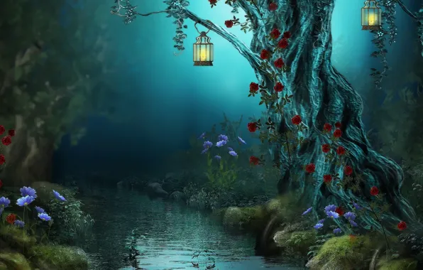 Цветы, ночь, природа, ручей, фонари, волшебный лес, старое дерево