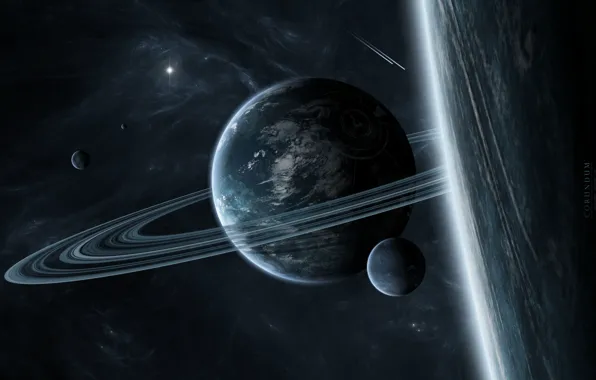 Картинка планеты, кольца, спутники, звездная система, межзвездный газ