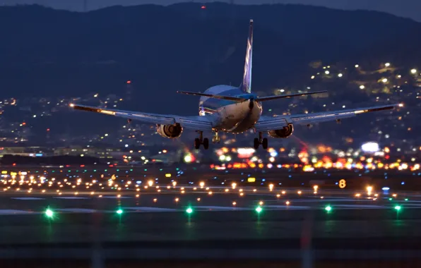 Ночь, огни, аэропорт, самолёт, Airbus, приземление