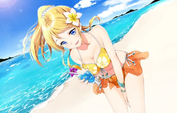 Море, пляж, купальник, вода, девушка, коктель, art, love live