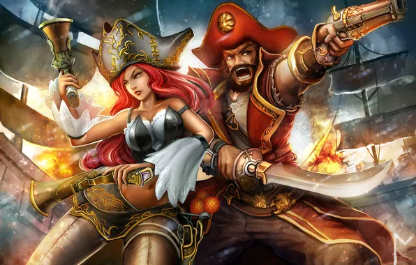 Картинка оружие, корабли, стрельба, пираты, League of Legends, Gangplank, Miss Fortune