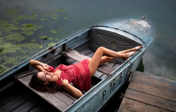 Картинка девушка, nature, water, lake, model, women, brunette, boat