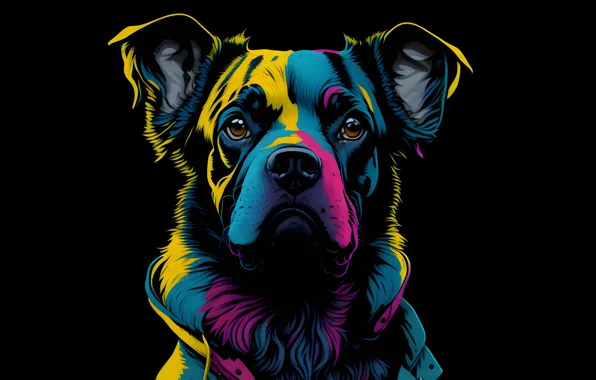Colorful, minimalism, art, dog, face, rendering, dark background