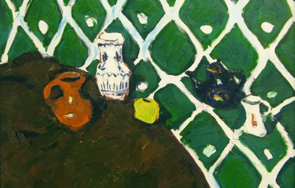 Картинка яблоко, 2008, чайник, ваза, кувшин, натюрморт, зелёный фон, графин